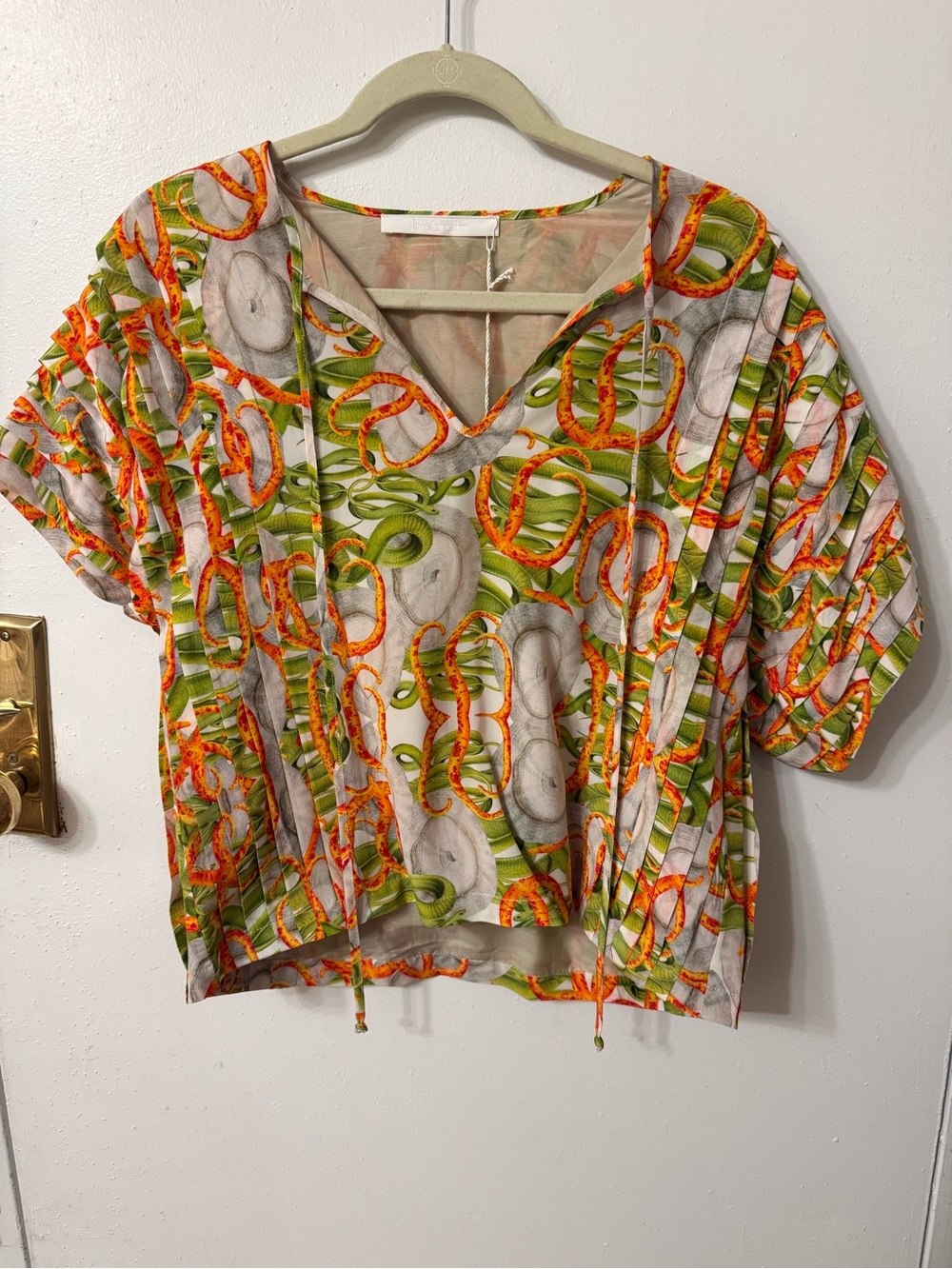 V-Neck Short Sleeve Pullover Tunic in Green & Orange Print